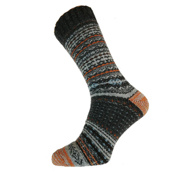 Grey, Orange And Blue Nordic Patterned Wool Blend Socks