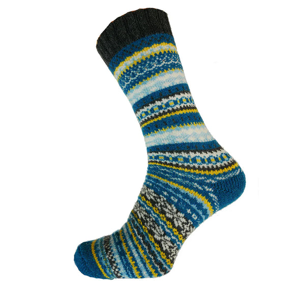 Blue And Yellow Nordic Patterned Wool Blend Socks