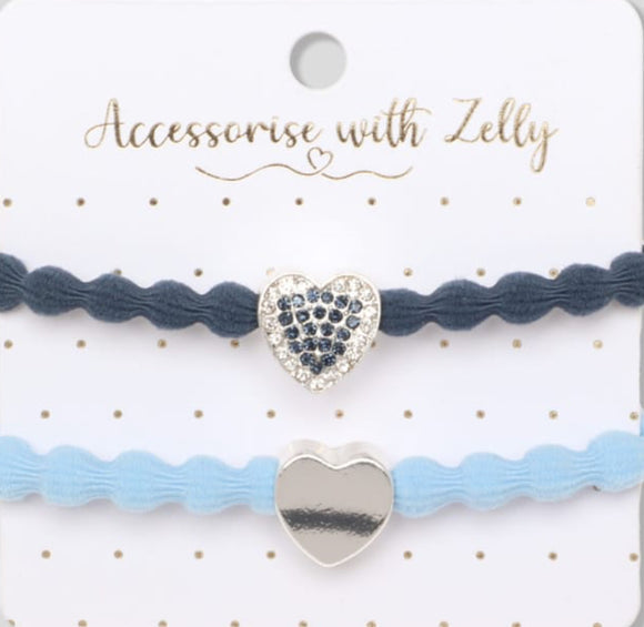 Charm Hair Tie, Silver Heart Blue Set Of 2