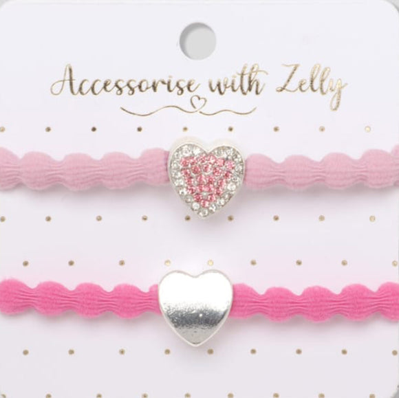 Charm Hair Tie, Silver Heart Pink, Set Of 2