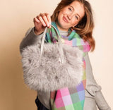 Faux Fur Small Cross Body Bag With Handle, Grey