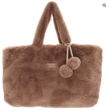 Faux Fur Bag With Pom Poms, Taupe