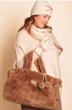 Faux Fur Bag With Pom Poms, Taupe
