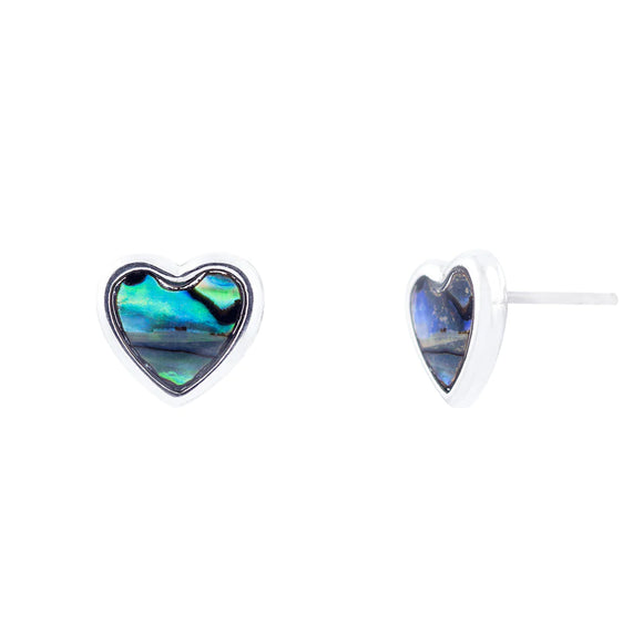 Sweet Paua Shell Heart Stud Earrings, Rhodium Plated