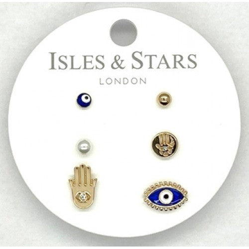 3 Sets Of Evil Eyes And Hands Stud Earrings - Gold & Blue