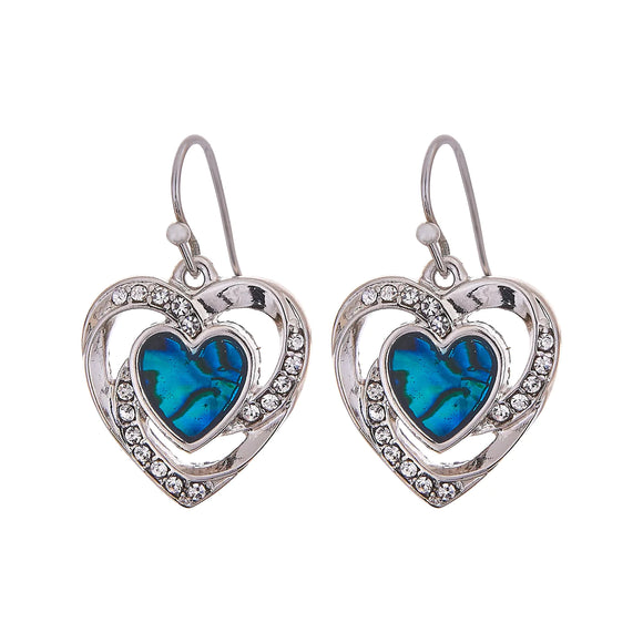 Paua Shell Crystal Framed Heart Drop Earrings, Rhodium Plated