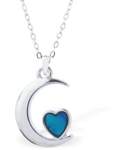 Paua Shell Love Heart in a Crescent Moon Necklace, Rhodium Plated