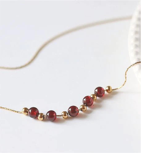 Garnet Drop Necklace, Golden Titanium Steel