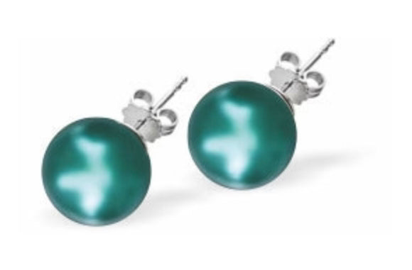 Austrian Crystal Pearl Stud Earrings in Iridescent Tahitian Green, with Sterling Silver Earwires