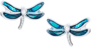 Paua Shell Dragonfly Stud Earrings, Rhodium Plated