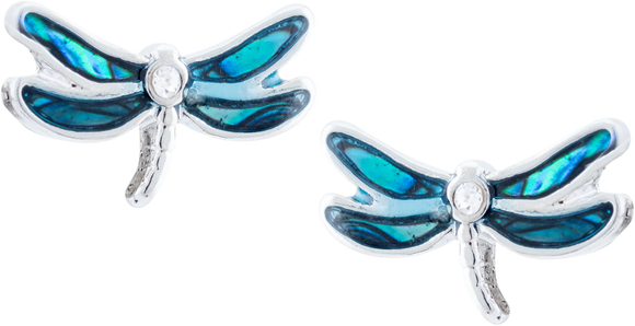 Paua Shell Dragonfly Stud Earrings, Rhodium Plated