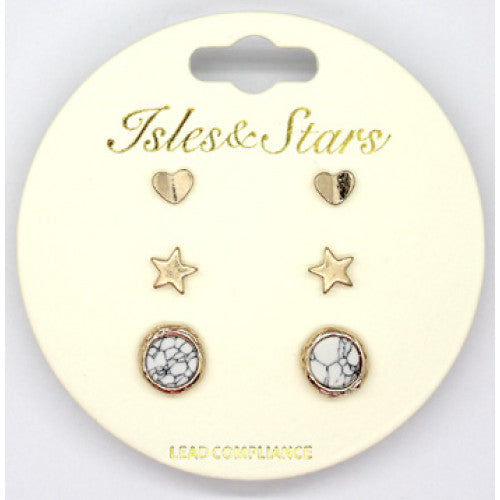 Earrings: Round Stone, Star And Heart, 3 Sets (Gold/White)