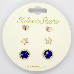 Earrings: Round Stone, Star And Heart, 3 Sets (Gold/Navy)