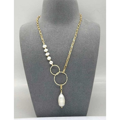 Necklace: Mixed With Pearl Box Chain Pearl Pendant (Gold/Ivory)