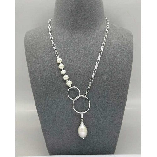 Necklace: Mixed With Pearl Box Chain Pendant (Silver/Ivory)