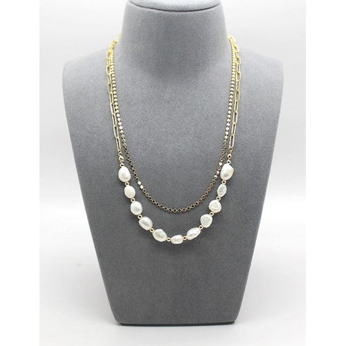 Necklace: Double Layered Brass Chain With Natural Pearls (Gold/Ivory)
