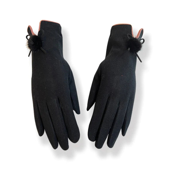 Plain Black Gloves With Pom Pom