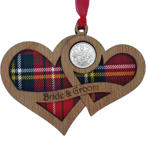 Bride & Groom Twin Hearts With Lucky Sixpence