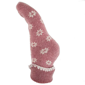 Pink Cuffed Socks With Cream Flowers/Snowflakes