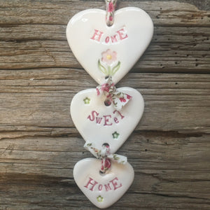 Home Sweet Home Triple Hanging Ceramic Hearts