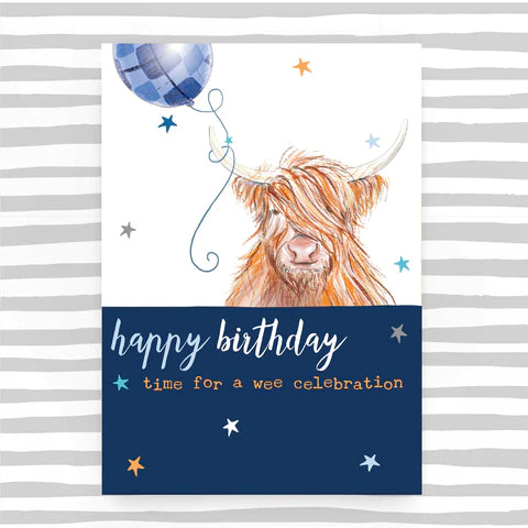 Happy Birthday Card - Highland Cow - Blue