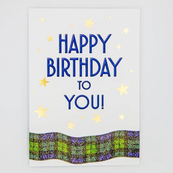 Card Tartan Ribbon Happy Birthday Blue