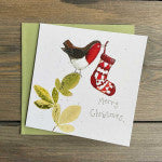 Robin and Stocking Christmas Foliage Pack Of Christmas Cards
