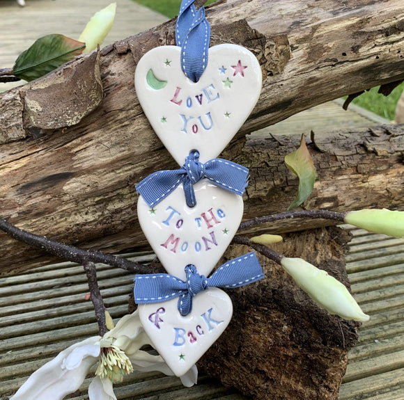 Love You To The Moon & Back Blue Triple Ceramic Hanging Heart
