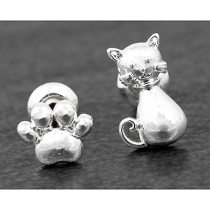 Cat & Paw Print Odd Silver Plated Earrings