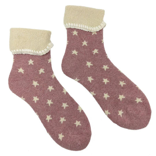 Pink Cuffed Socks With Cream Stars