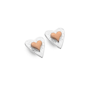 Sterling Silver, Origins Heart & Rose Gold Textured Stud Earrings