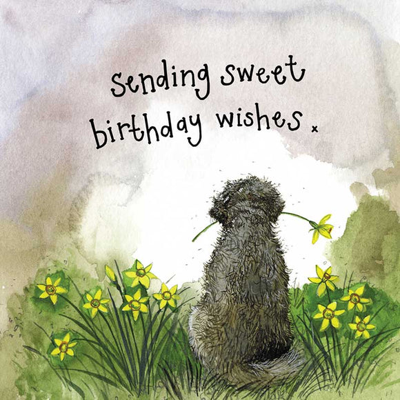 Sunshine Dog and Daffodils Birthday Card
