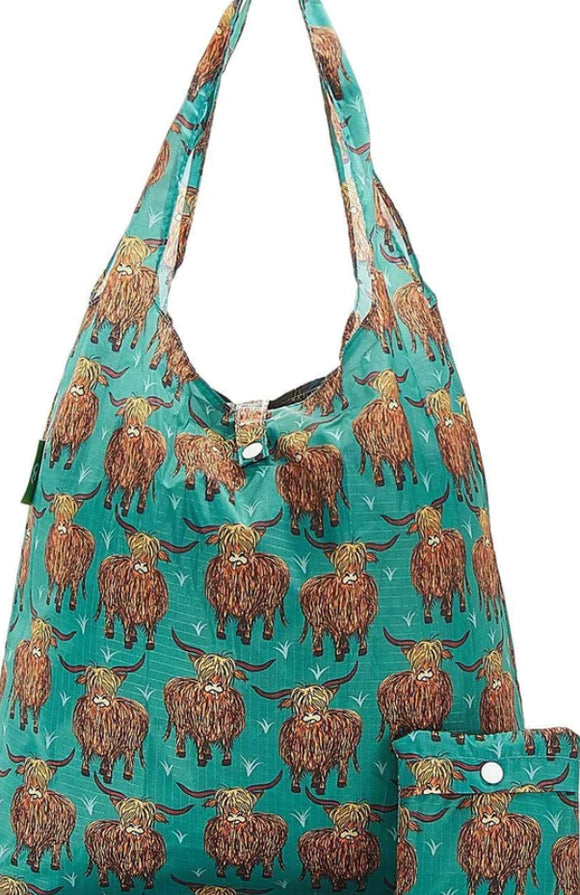 Eco Chic Foldable Highland Cow Teal Shopper